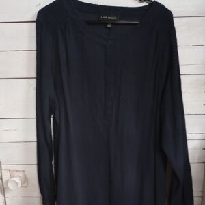 Lane Bryant Plus Size 20 Navy Blue Pullover Blouse Long Sleeve 1/2 Buttons